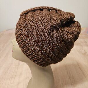 Hand-Made - Knitted Winter Beanie  Chocolate Brown Hat - One-Size   Warm Womens